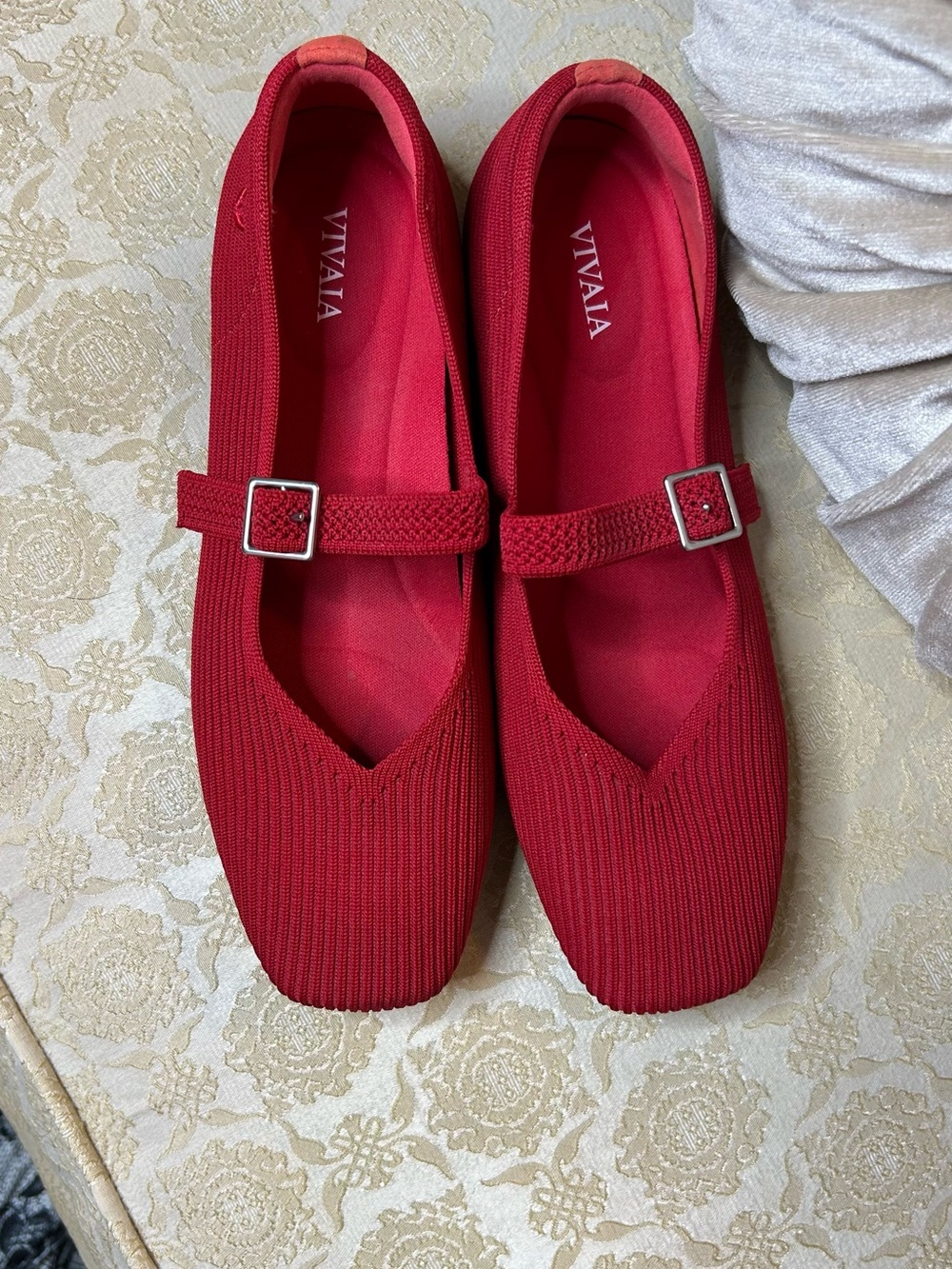 VIVAIA Red Knit Mary Jane Flats with Adjustable Strap